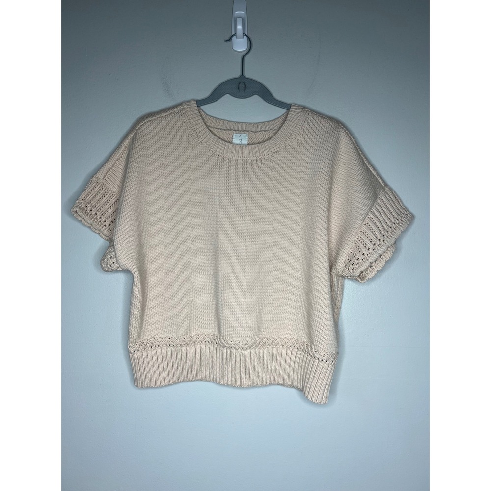 NWT Joie Short Sleeve Knit Sweater Cream Crochet Trim Crew Neck Minimalist Sz L